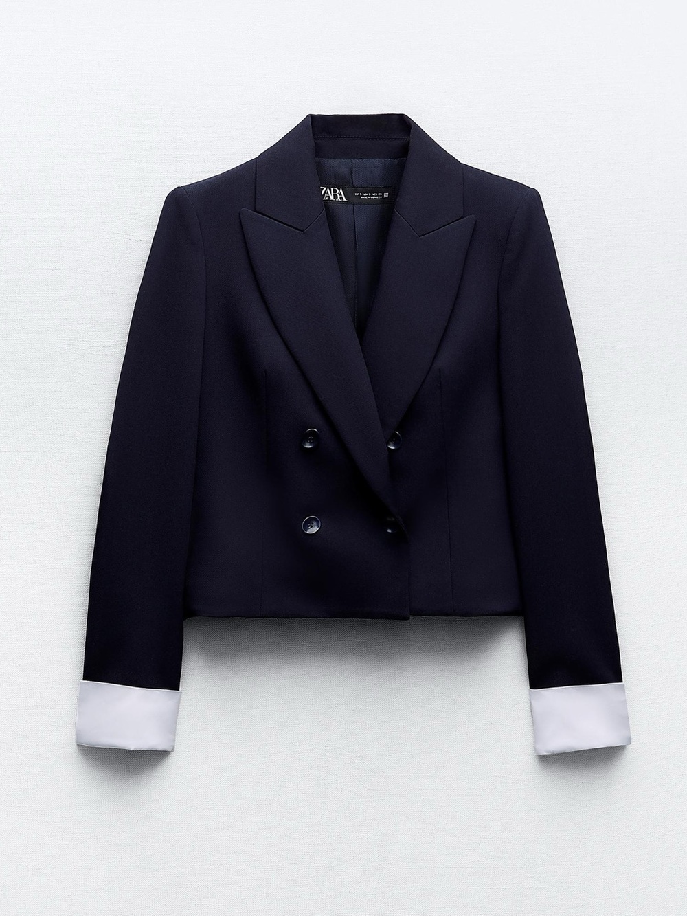 Zara Navy Blue Double Breasted Blazer White Contrast Cuffs Medium